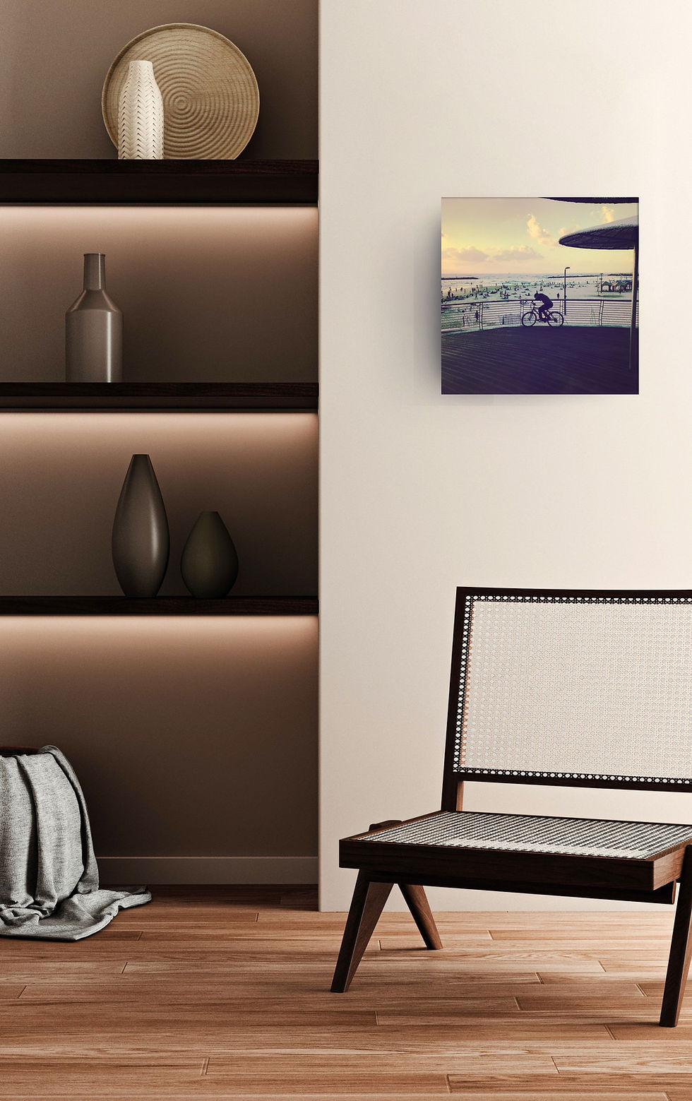 Modern interior at Bugrashov with wall art and chair.