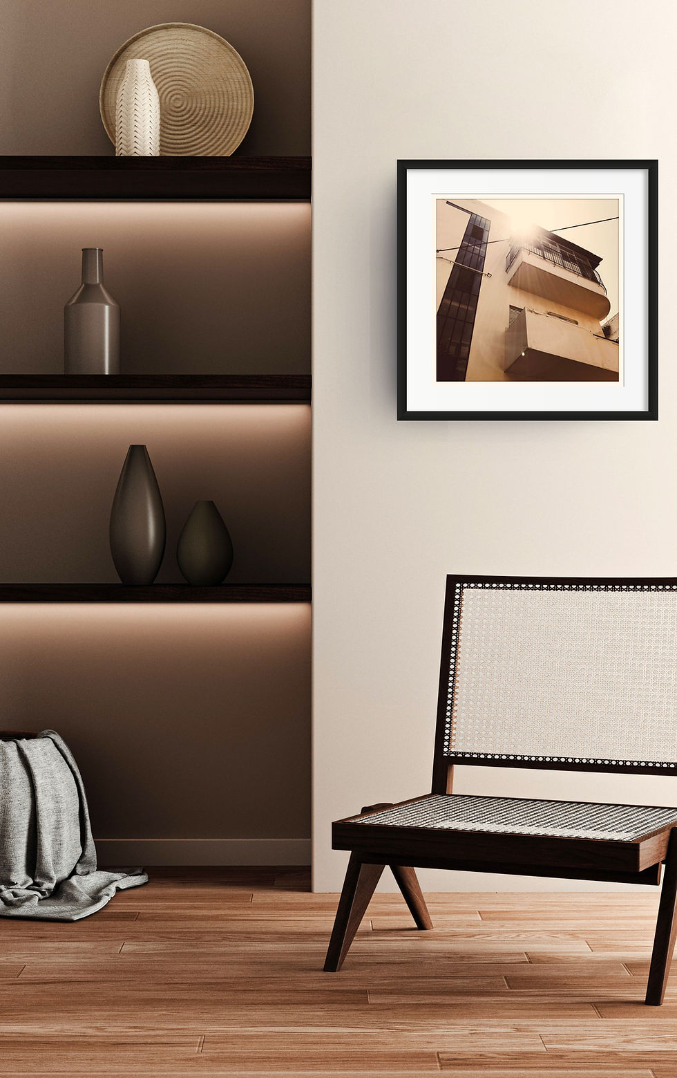 Modern interior with Bauhaus 9 art, shelves, and chair.