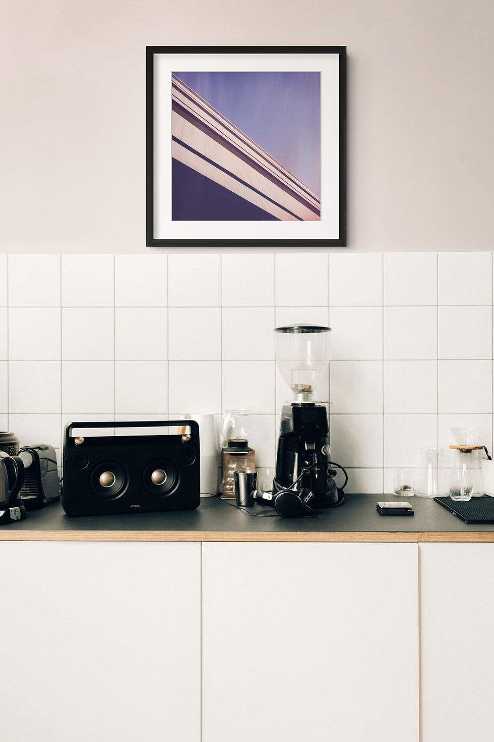 Bauhaus 3 art print above a modern kitchen counter