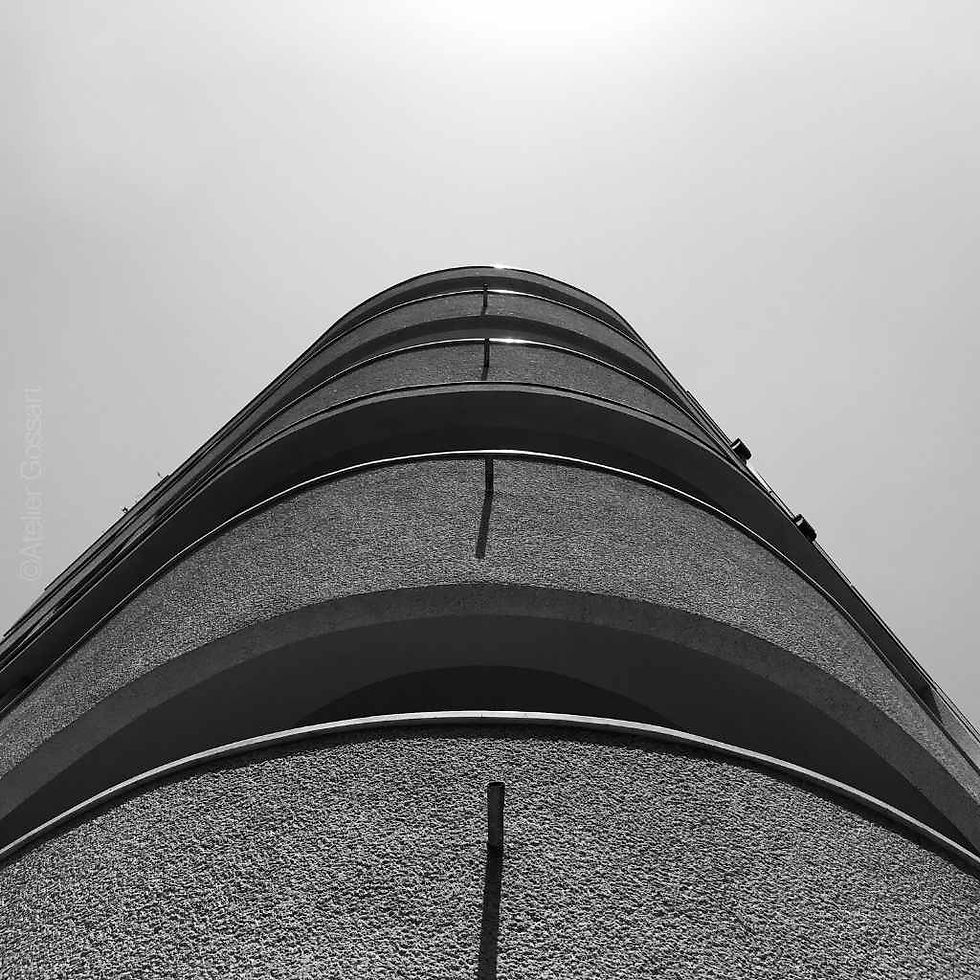 Low-angle view of Bauhaus 7 curved balconies