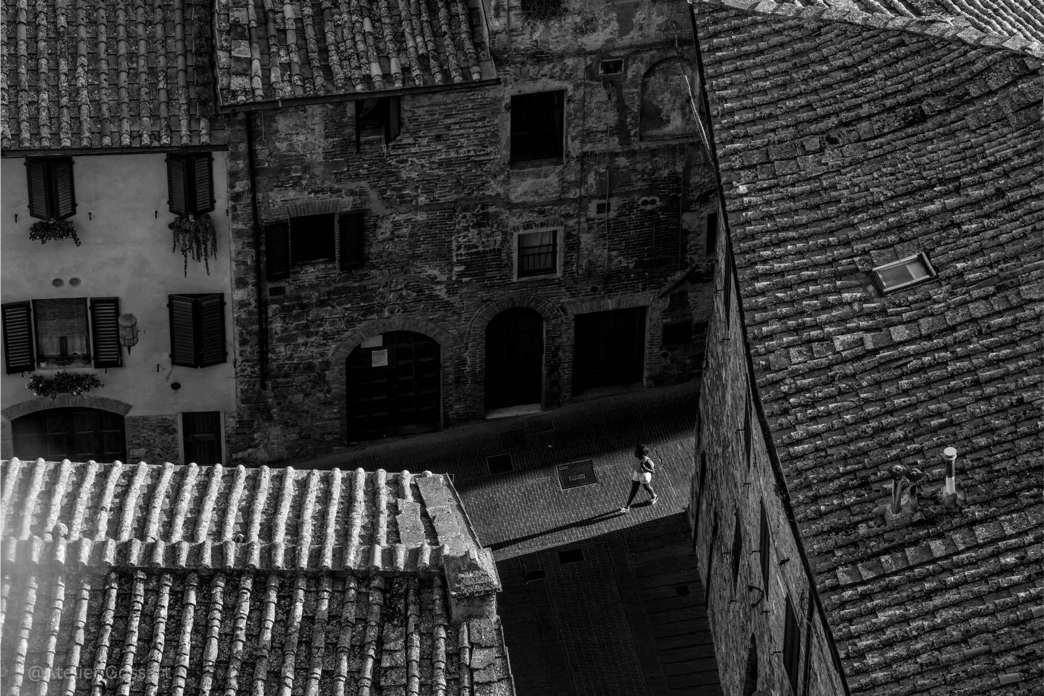 Aerial view of European village rooftops and street
