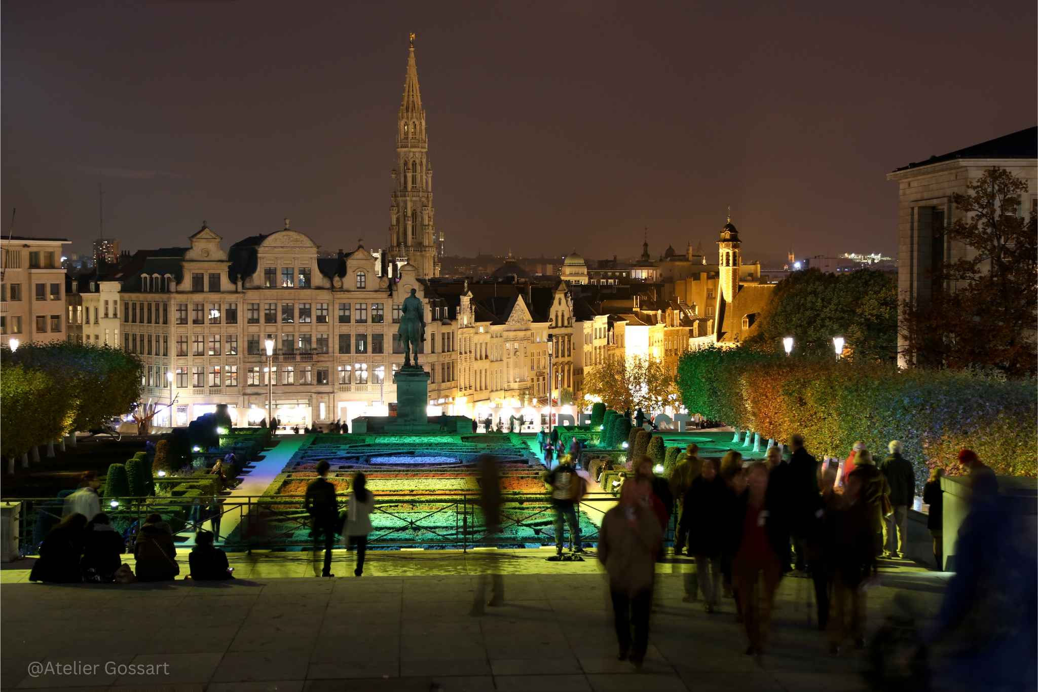 Mont des Arts garden illuminated at night in Brussels