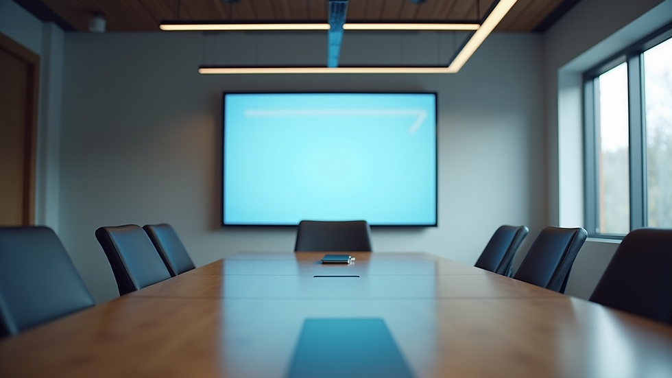 Eye-level view of a modern office meeting room with a digital screen