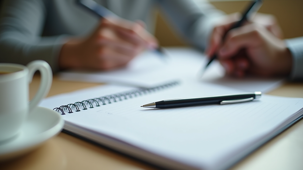 Close-up view of a notebook and pen on a table during a peer support session