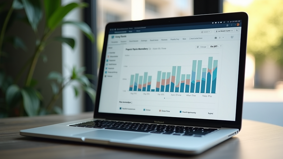 Eye-level view of a laptop with property management software open