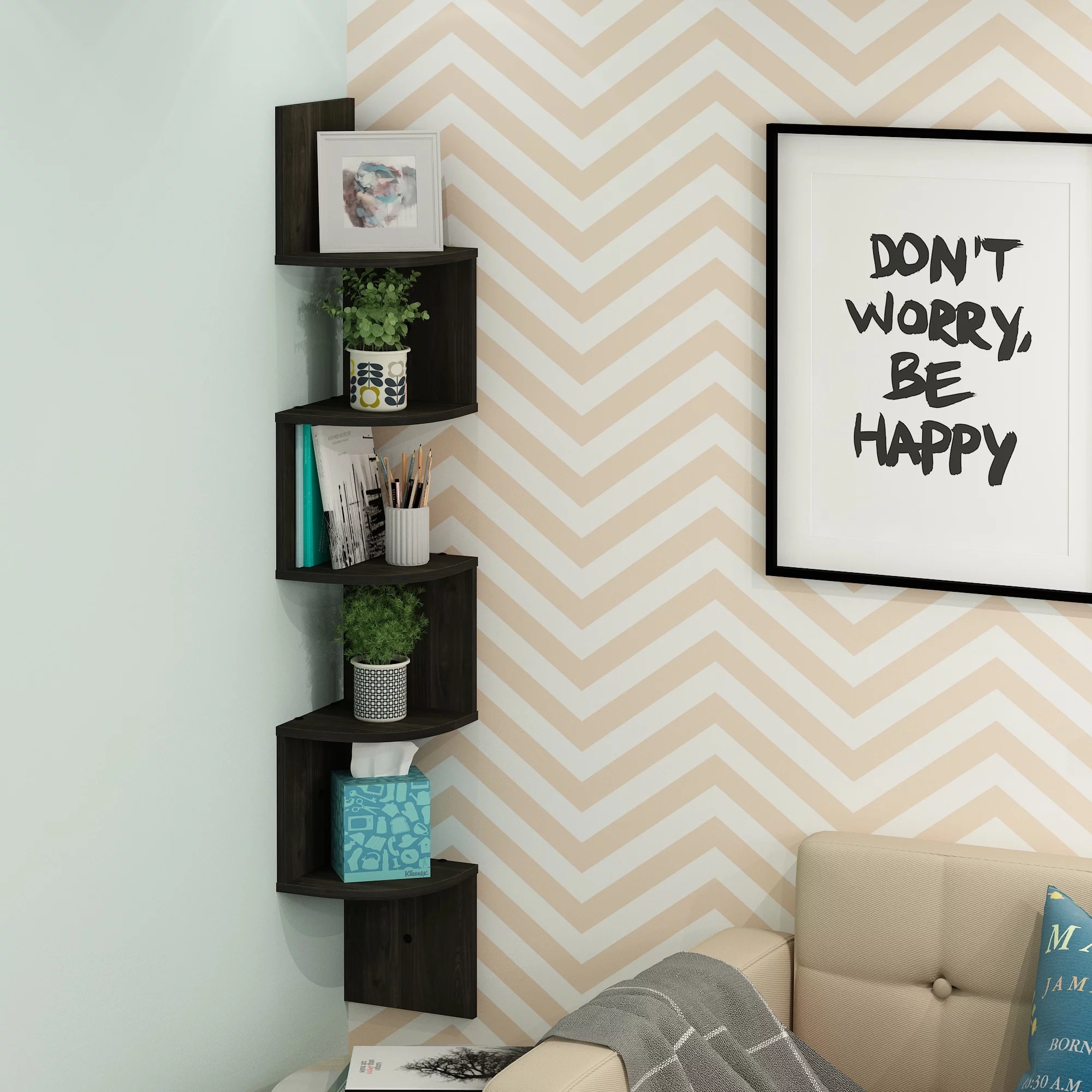 5-Tier Floating Corner Shelf, Wall Mount Shelves for Storage and Display, Espres