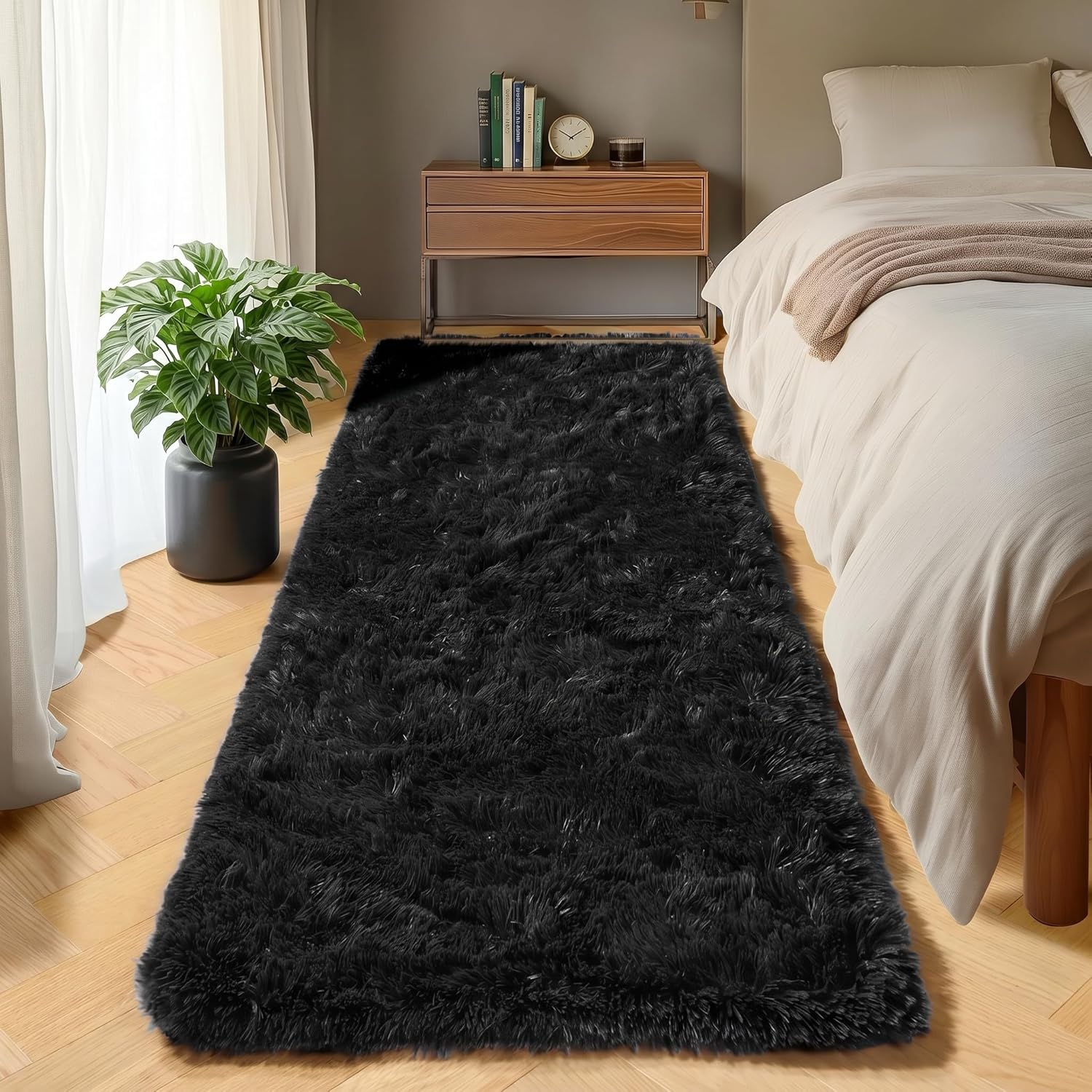 Black Runner Rugs for Bedroom Living Room, 2X6 Bedside Fluffy Area Rug, Indoor U