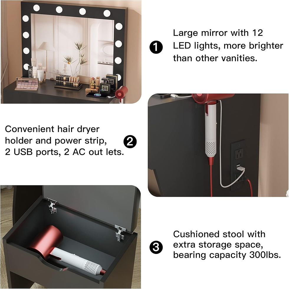 Thumbnail: Vanity Table Set with Lighted Mirror - Makeup Vanity with Charging Station, Larg