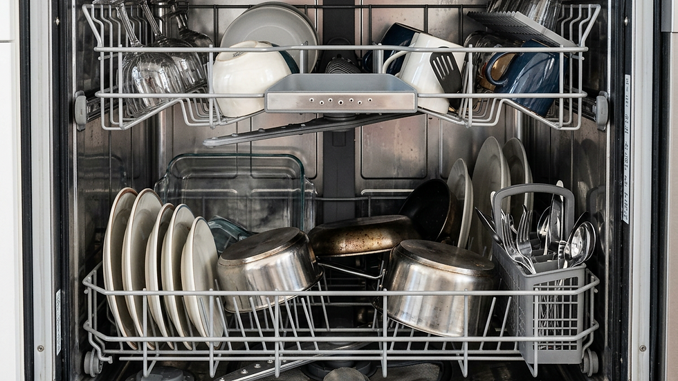 Eye-level view of dishwasher interior with racks and spray arms