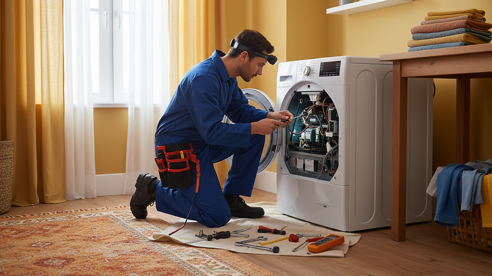 Eye-level view of a technician repairing a dryer in a home laundry room