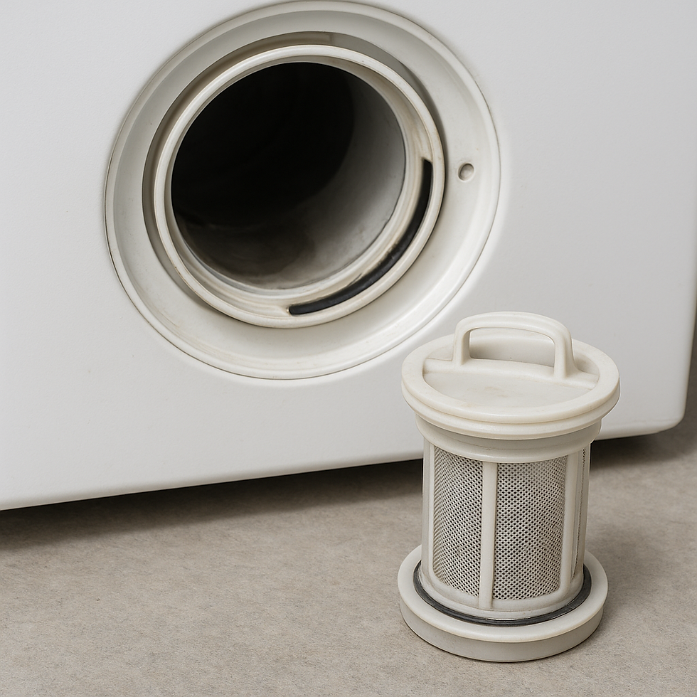 High angle view of washing machine pump filter compartment being cleaned