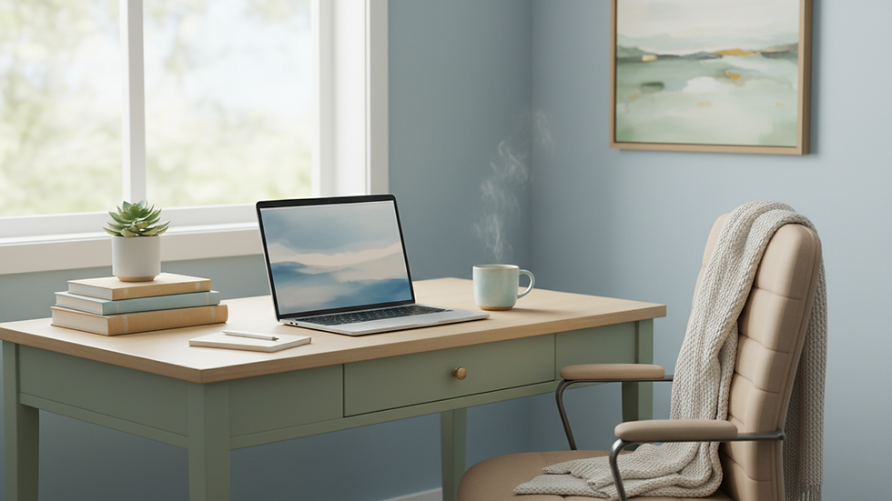 Eye-level view of a cozy home workspace with a laptop and a cup of tea