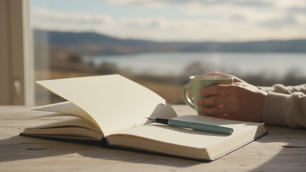 Close-up view of a journal and pen on a wooden table with soft natural light