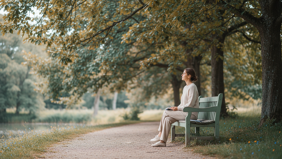 Eye-level view of a peaceful park bench surrounded by green trees