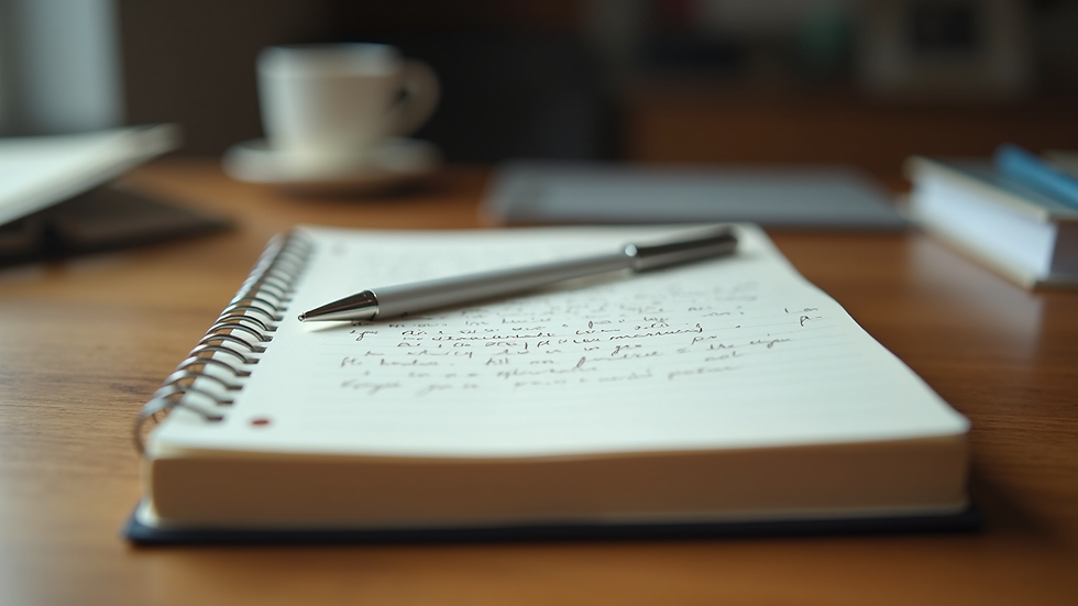 Close-up view of a journal with handwritten notes and a pen on a wooden table