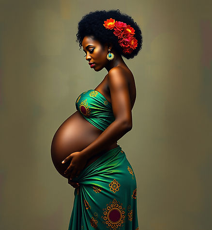 Elegant pregnant Black woman in a vibrant green African-inspired wrap dress with floral hair adornments, symbolizing empowered maternity and cultural pride in prenatal care supported by Crown + Cradle Doula Co. in Dallas, Texas.