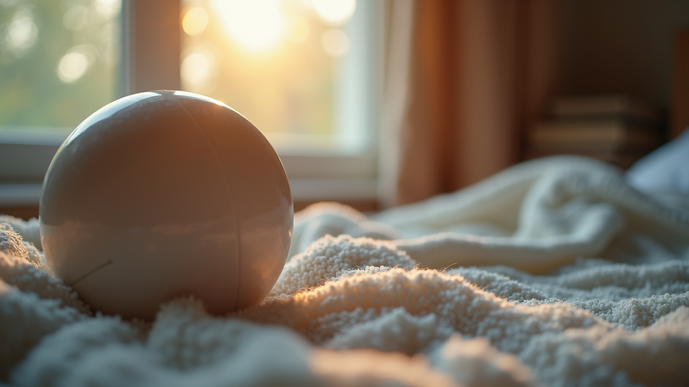 Eye-level view of a birthing ball beside a peaceful birth setting