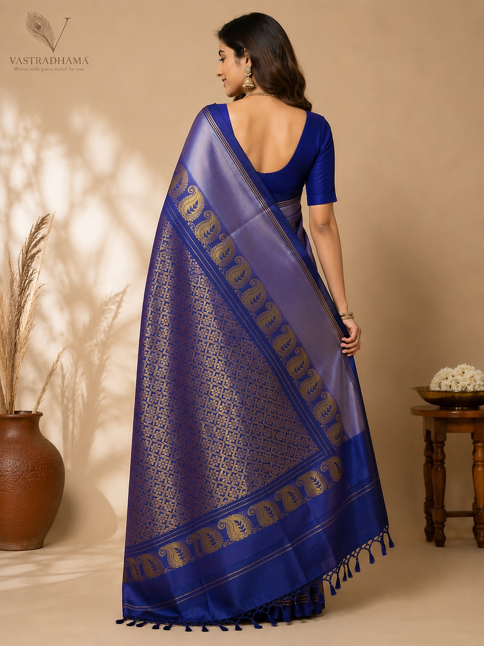 Thumbnail: The Midnight Azure & Gold Heritage Handloom Silk Sare