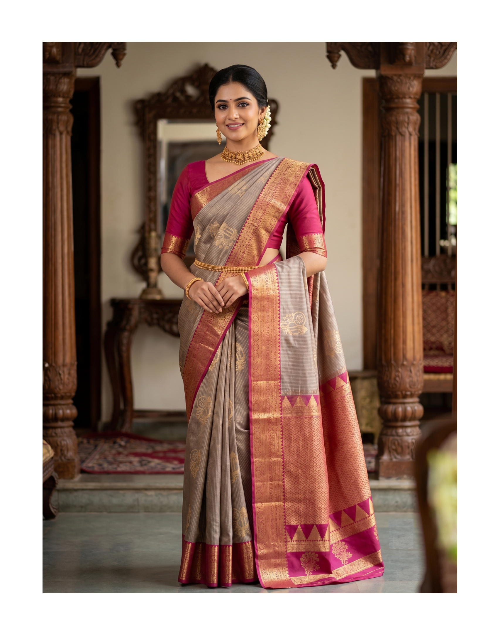 Exquisite Taupe & Vibrant Magenta Zari Silk Saree