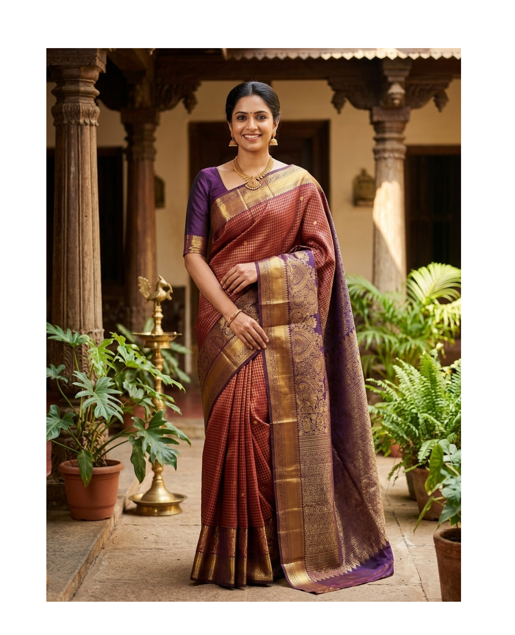 Regal Maroon & Deep Plum Checked Silk Saree with Heritage Zari Work