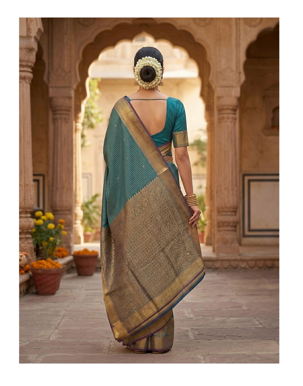 Thumbnail: Majestic Peacock Teal & Gold Zari Checked Silk Saree