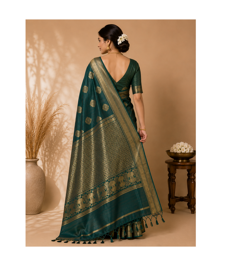 Thumbnail: Emerald Green & Antique Gold Heritage Handloom Silk Saree