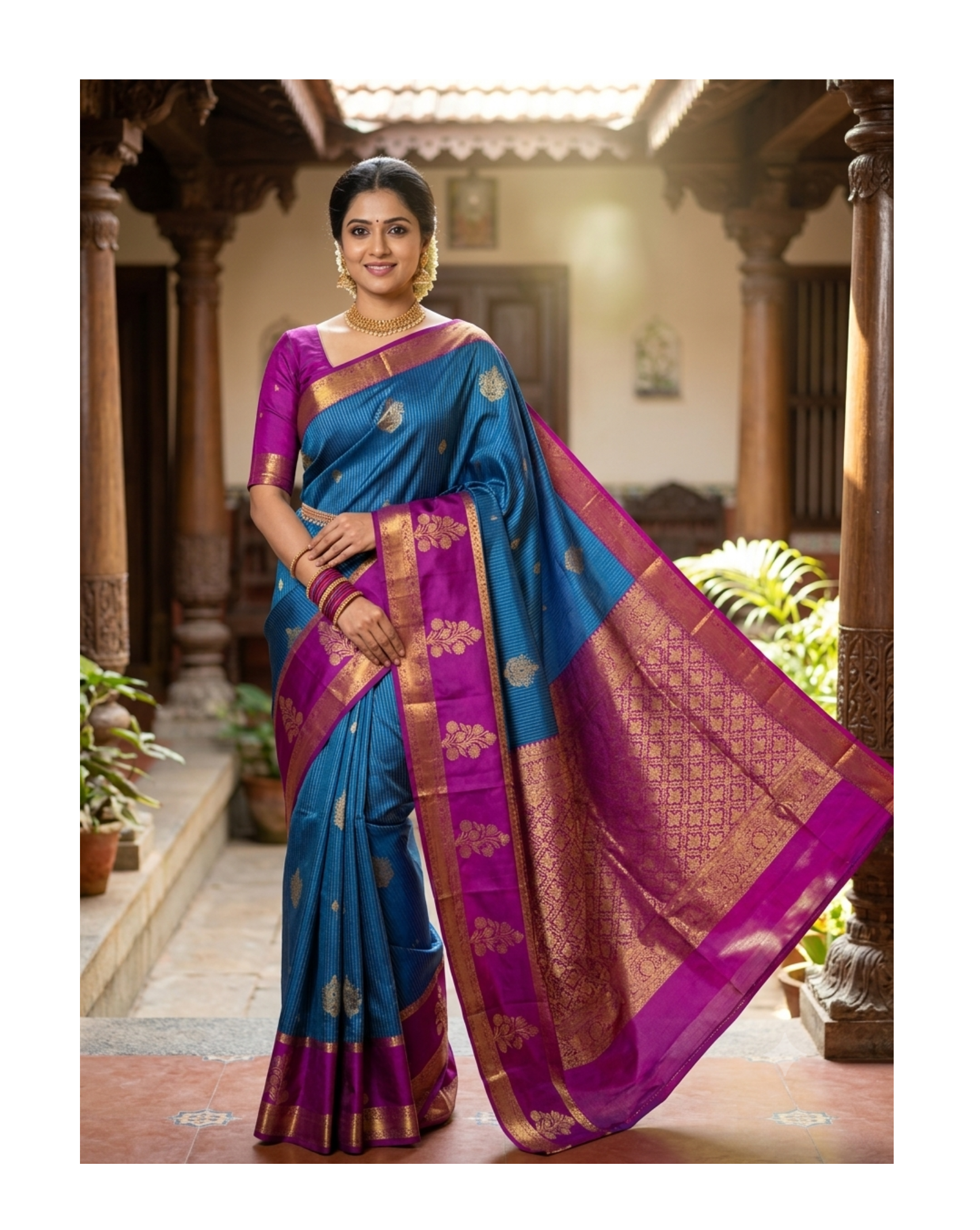Majestic Teal Blue & Magenta Zari Silk Saree