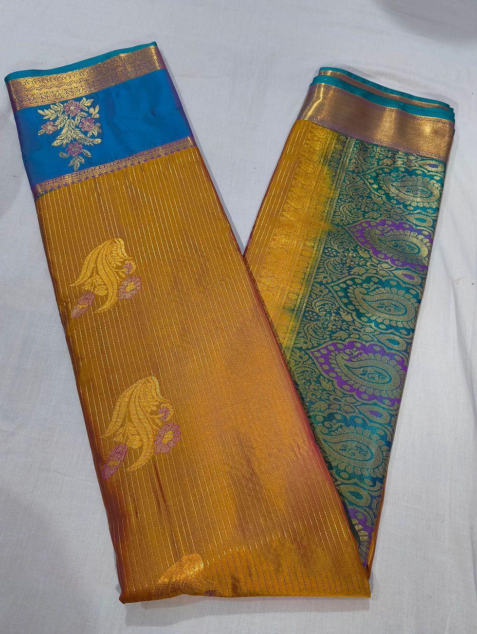 Thumbnail: Majestic Golden Mustard & Turquoise Zari Silk Saree