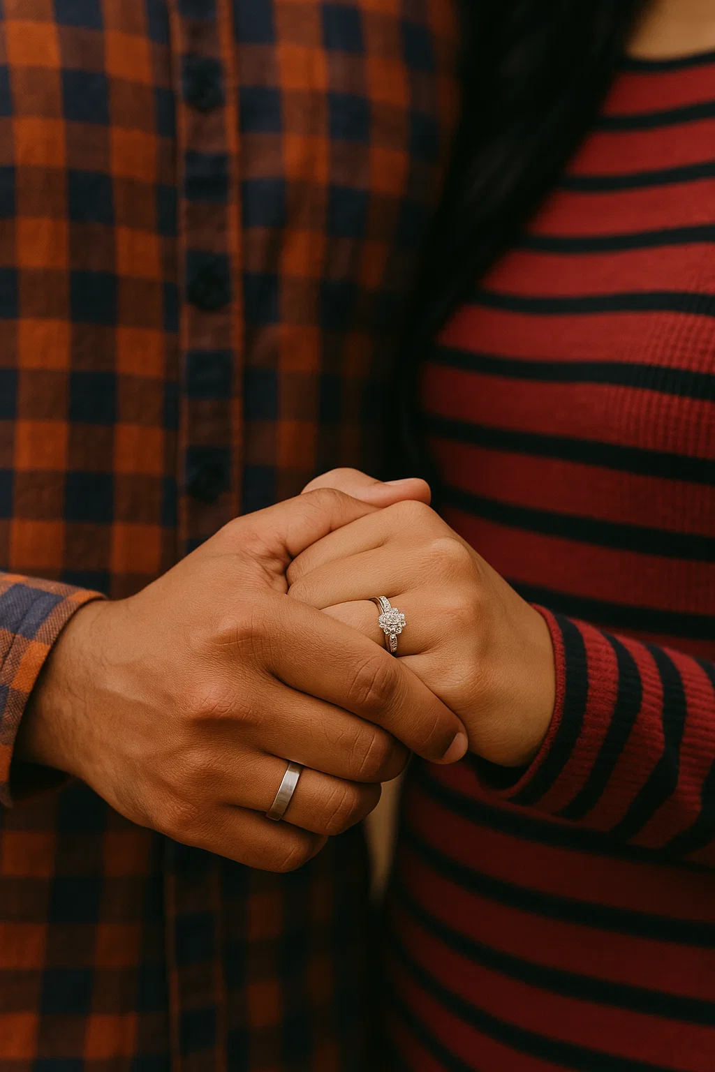 Couple holding hands, engagement ring, love