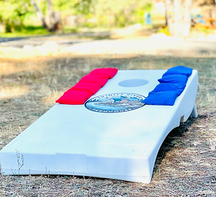 Cornhole game setup at Trinity River Farmhouse, offering outdoor fun for families and friends.