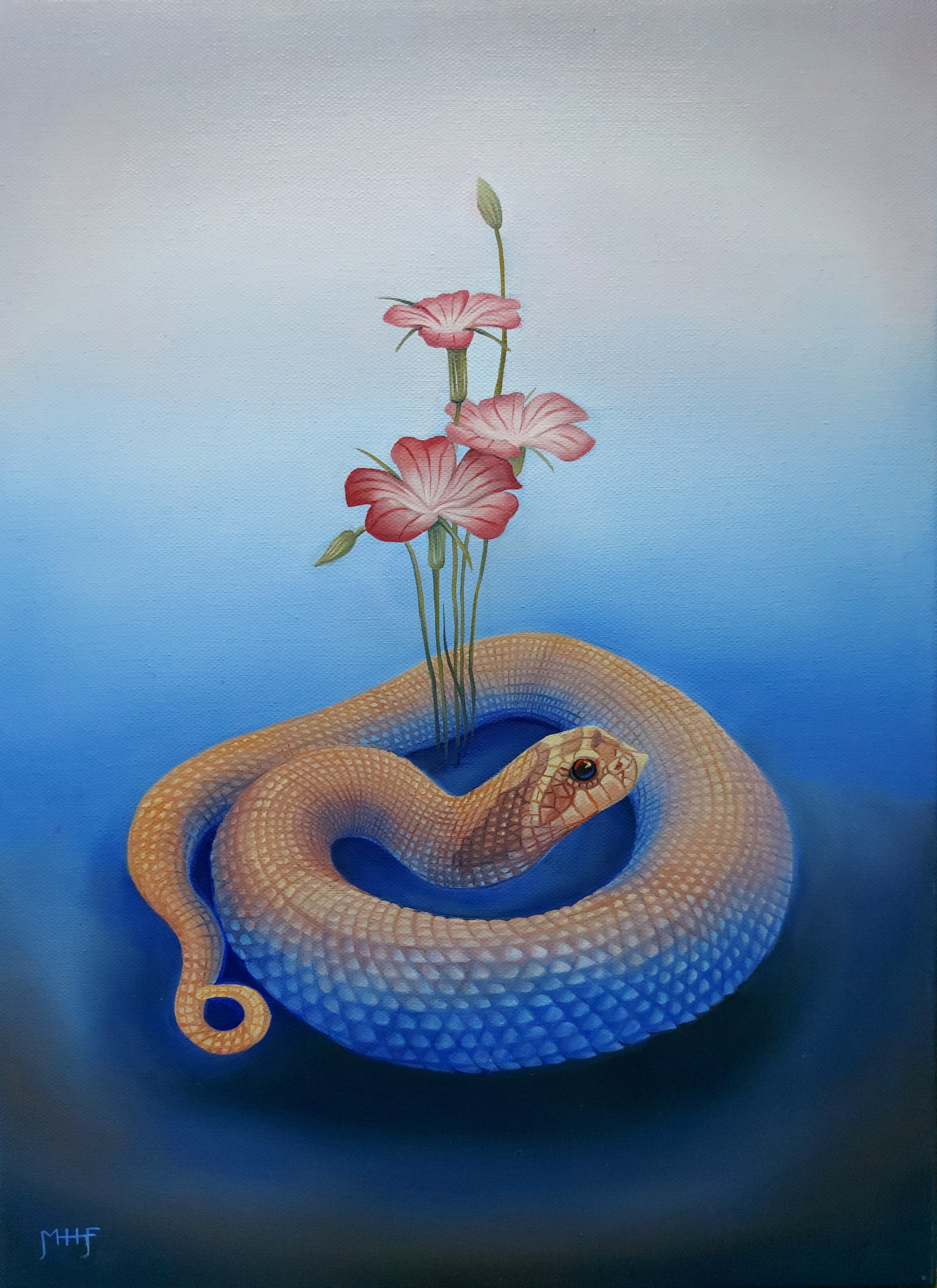 A photo of an original oil painting by artist Mikayla Forster depicting a snake