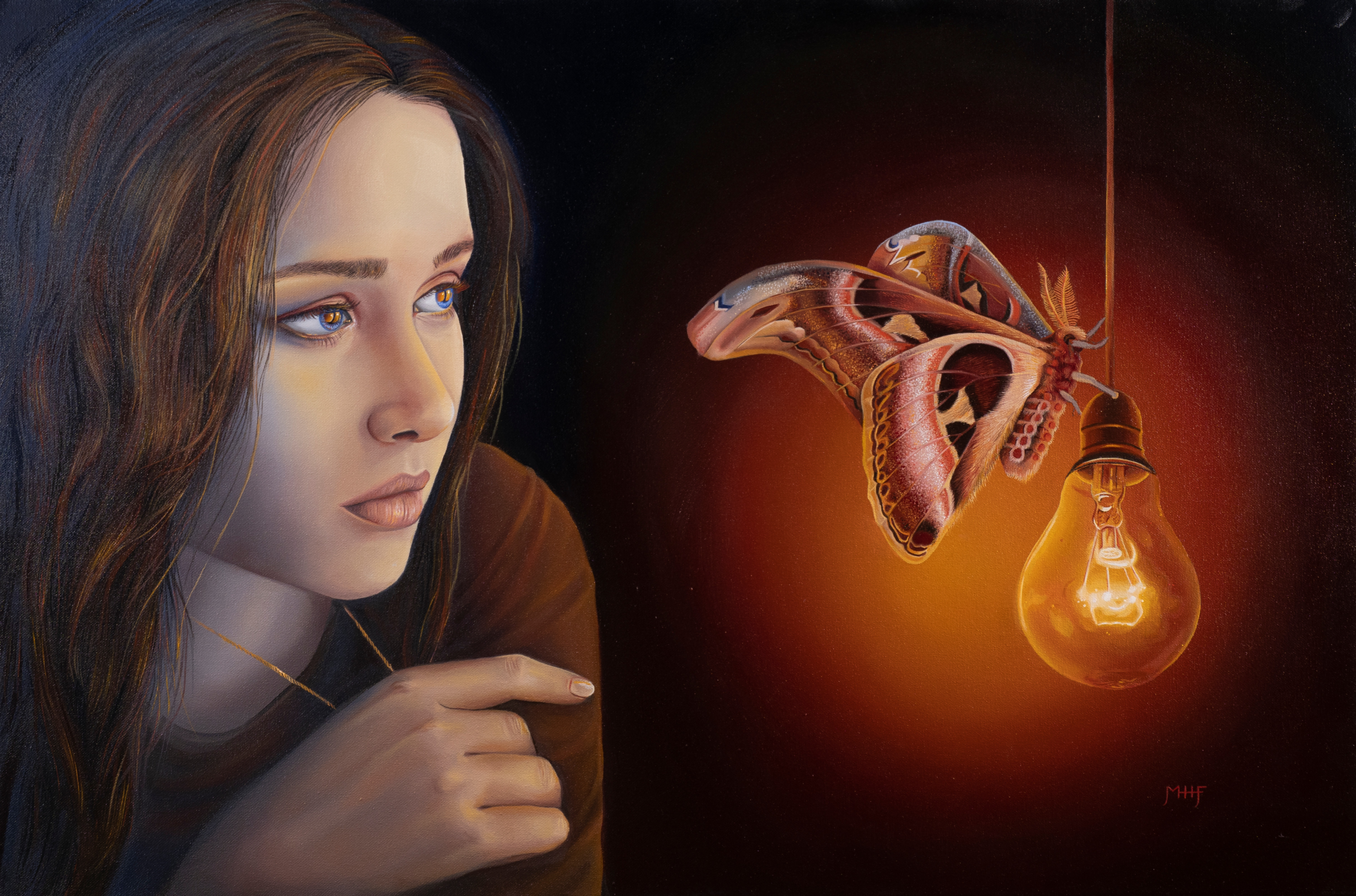 A photo of an original oil painting by artist Mikayla Forster depicting a female portrait and moth on a light