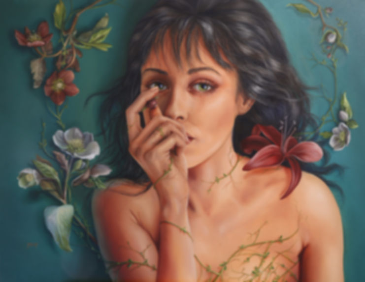 A photo of an original oil painting by artist Mikayla Forster depicting a female portrait surrounded by flowers