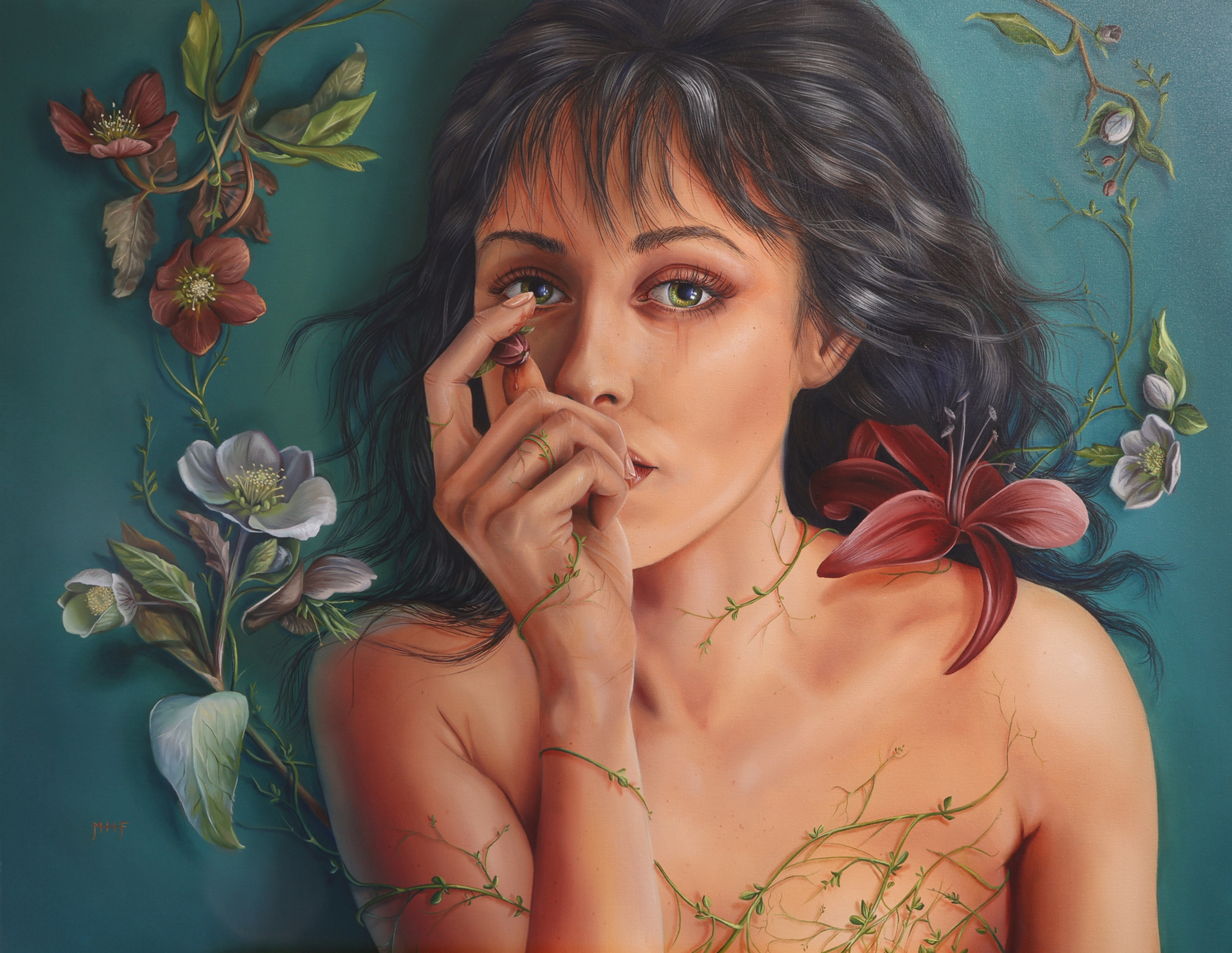 A photo of an original oil painting by artist Mikayla Forster depicting a female portrait surrounded by flowers