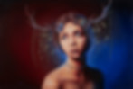 A photo of an original oil painting by artist Mikayla Forster depicting a female portrait with stag horns and plants