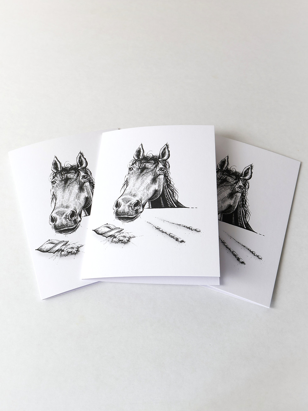 A greetings card created by New Zealand Artist Mikayla Forster. The card depicts a horse with lines of powder