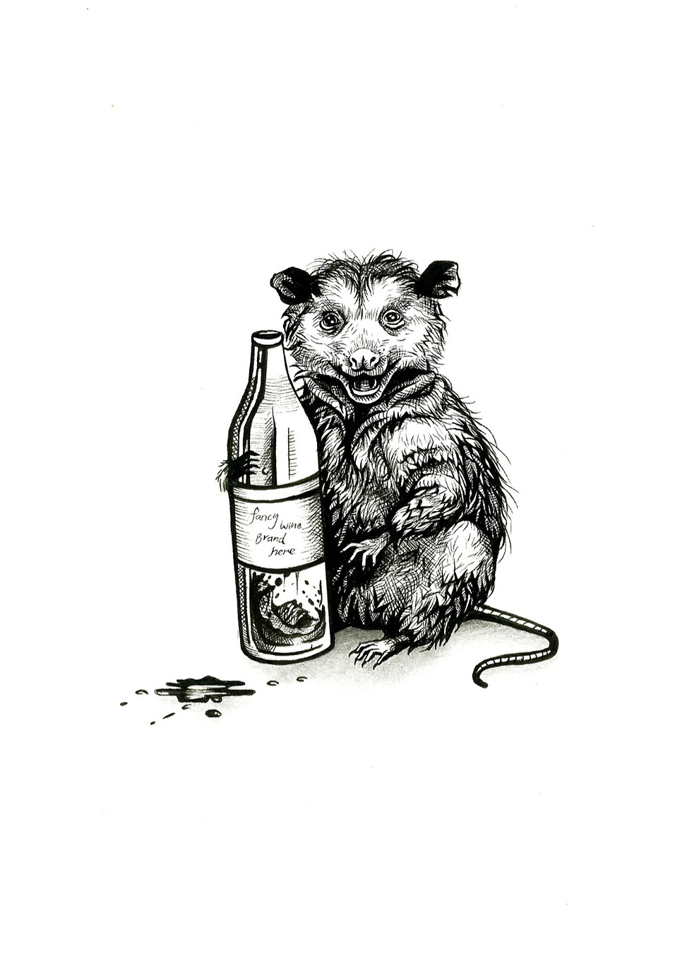 A photo of an original drawing by artist Mikayla Forster depicting Booze hag Betty a possum 