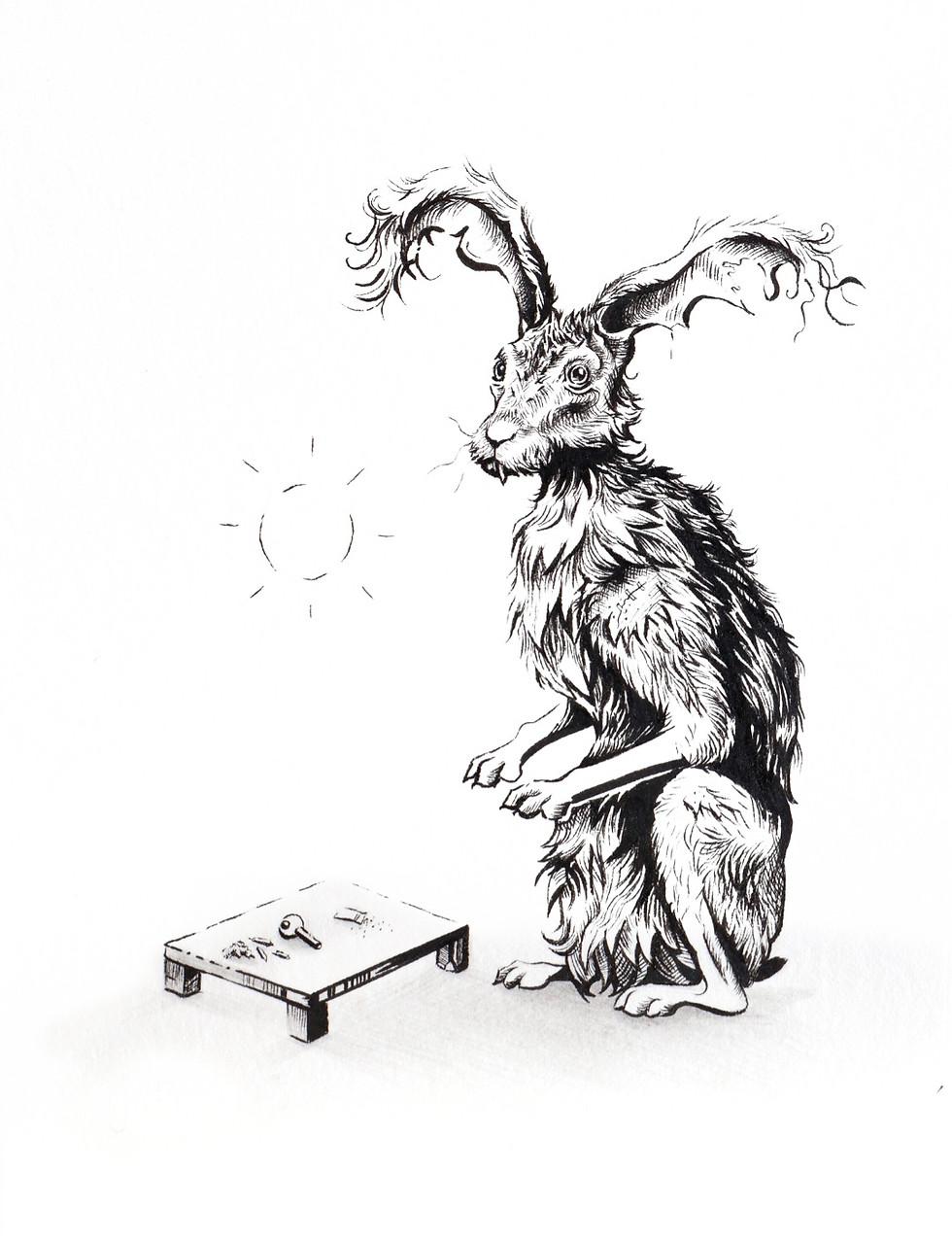 A photo of an original drawing by artist Mikayla Forster depicting a crack head hare