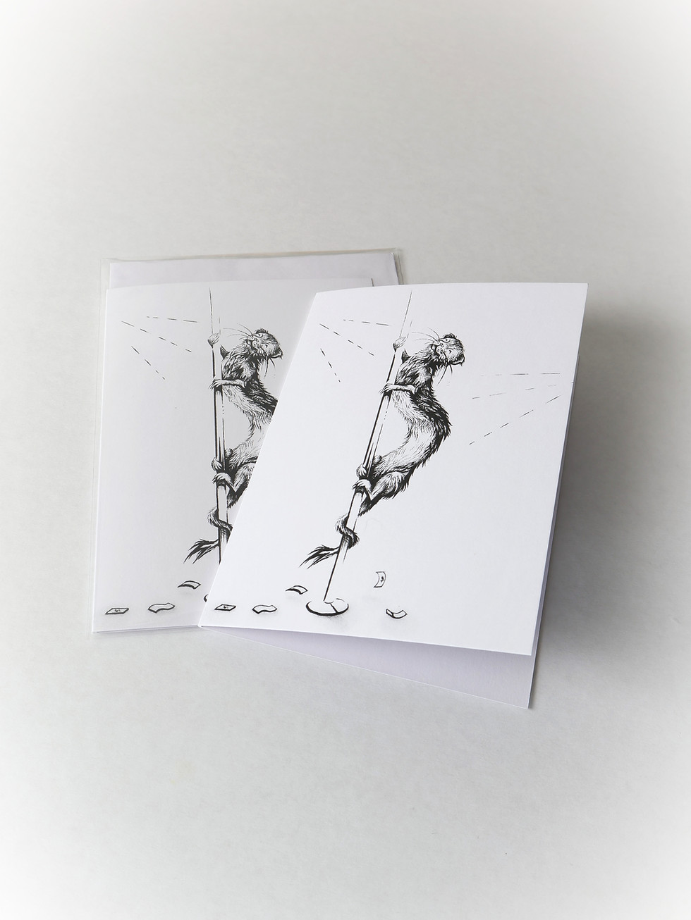 A greetings card created by New Zealand Artist Mikayla Forster. The card depicts a stripper ferret on a pole