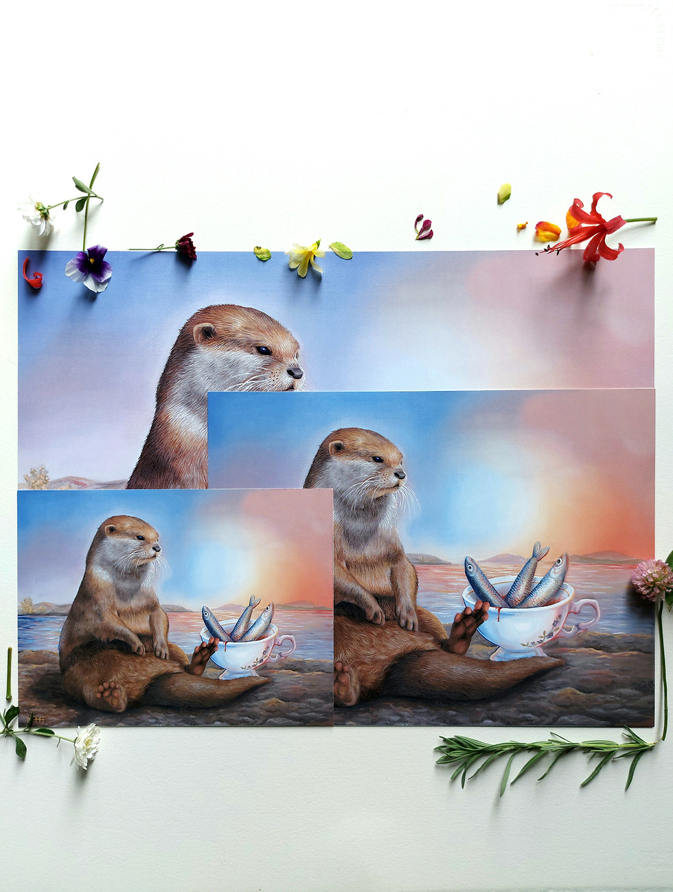 A photograph of fine art prints by New Zealand artist Mikayla Forster. This art print depicts an otter