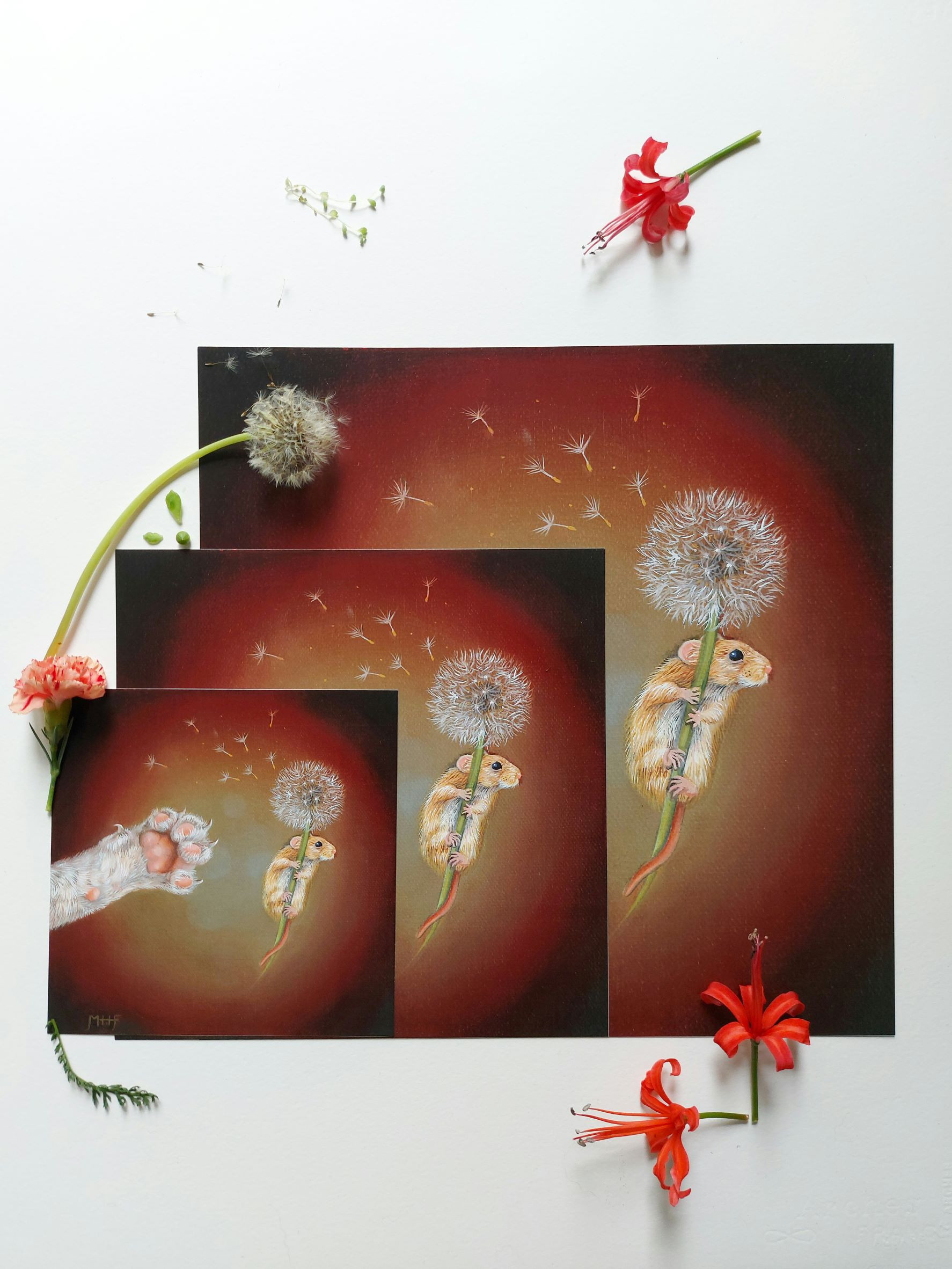 A photograph of fine art prints by New Zealand artist Mikayla Forster. This art print depicts a mouse with a dandelion
