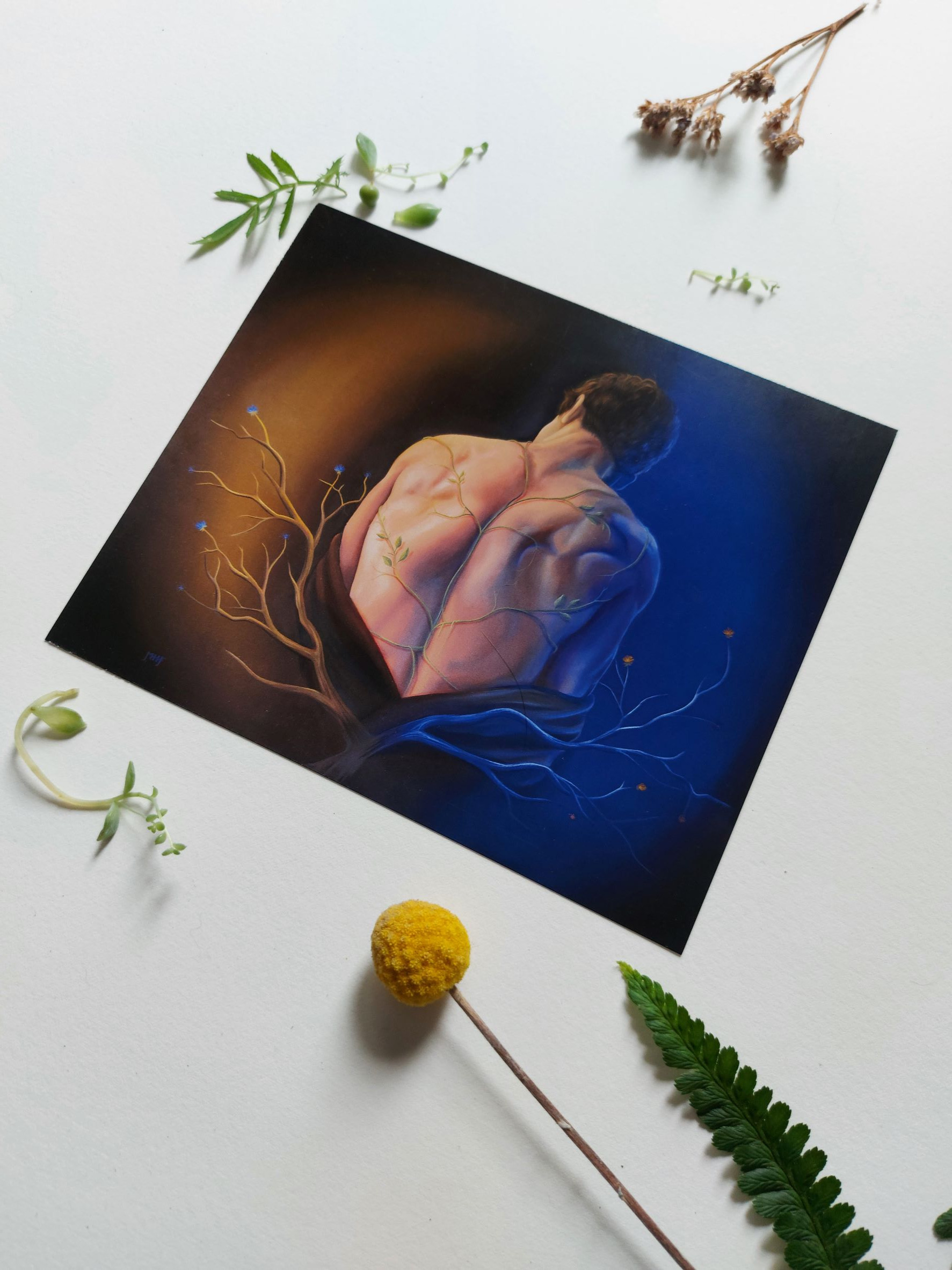 A photograph of fine art prints by New Zealand artist Mikayla Forster. This art print depicts a male figure
