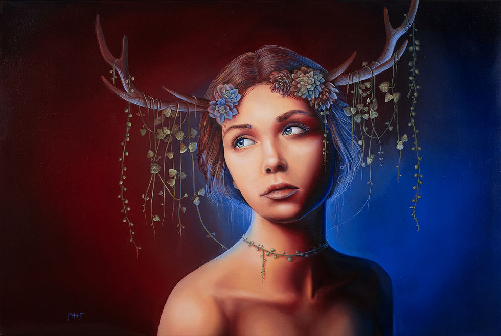 Thumbnail:  A photograph of fine art prints by New Zealand artist Mikayla Forster. This art print depicts a female portrait with flowers