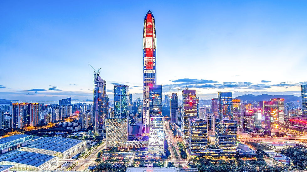 Eye-level view of Shenzhen cityscape with modern skyscrapers and technology company headquarters