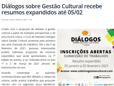 UFRB - Diálogos sobre Gestão Cultural recebe resumos expandidos até 05/02