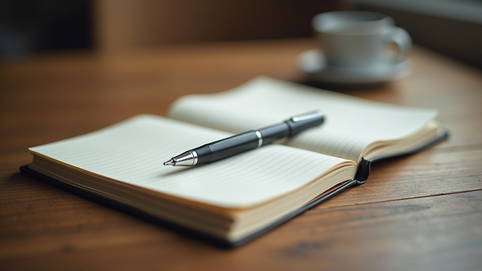 Close-up view of a journal and pen on a wooden table