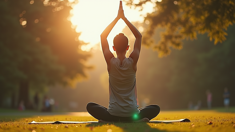 Eye-level view of a person practicing yoga in a peaceful park