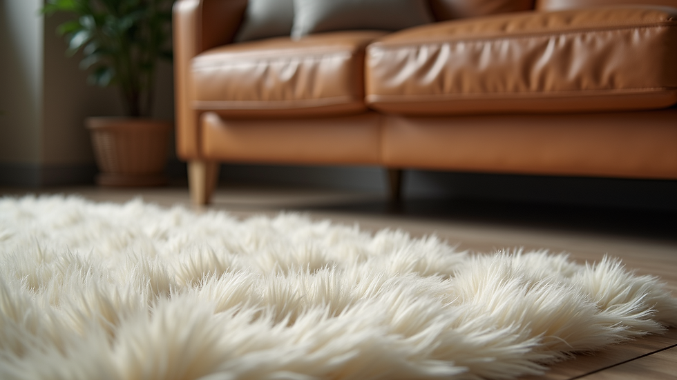 Close-up view of a soft fluffy rug paired with a sleek leather sofa