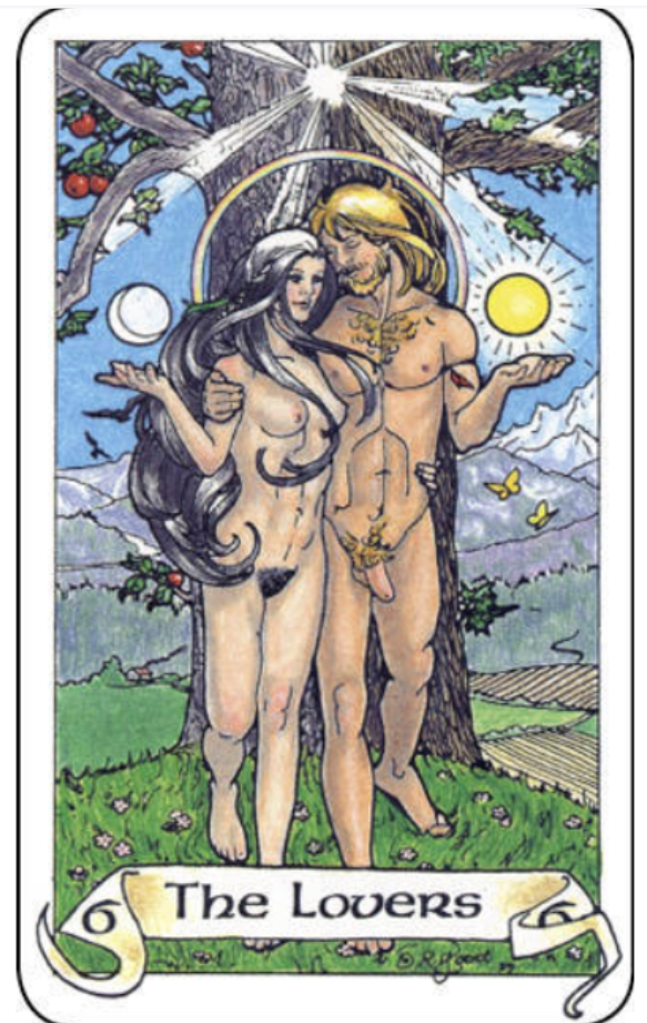 Robin Wood Lovers tarot card showing an embracing couple holding the sun and moon beneath a rainbow.