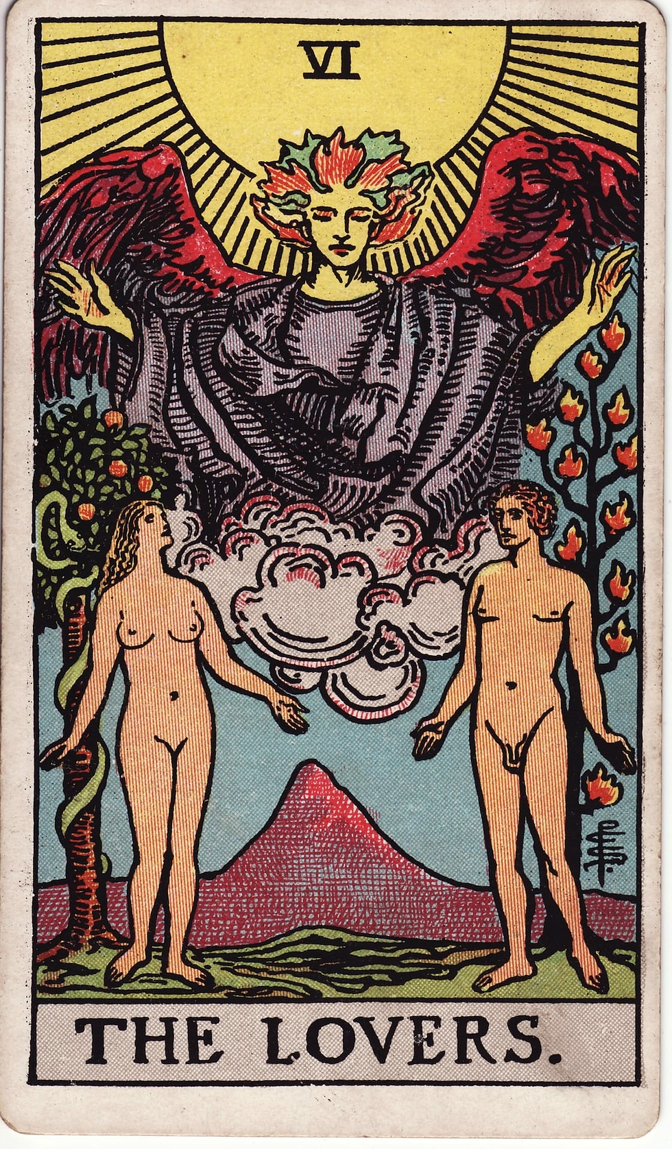 Rider Waite Lovers tarot card showing a man and woman beneath an angel with the Tree of Knowledge and Tree of Life.